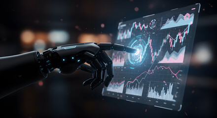 Poster - Black Robotic Arm Interacting with Transparent Digital Display Presenting Financial Charts and Graphs in Dark Room