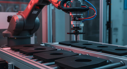 Poster - Automated Assembly Line Featuring Robotic Arm and Black Components in Factory Setting