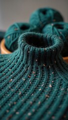 Poster - Close-up handmade green knitted product. Sweater neck, bobbin thread and knitting needles. Soft yarn wool texture with mink fluff. Home needlework, hobby and handicraft concept.