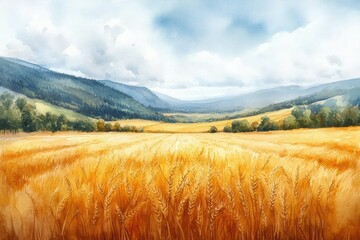 golden wheat field stretches to a distant mountain range under a partly cloudy sky. lush landscape p