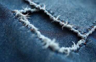Poster - Close-up shot torn blue denim fabric. Denim texture with fringe detail. Worn jeans material, frayed edges, hole macro. Rough, distressed denim for fashion design projects.