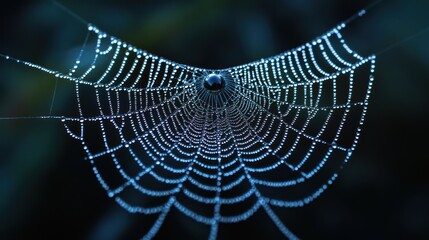 Spiderweb covered in glistening dewdrops, reflecting dark surroundings