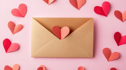 Poster - envelope adorned with handmade paper hearts conveying a message of love and affection on a pastel pi