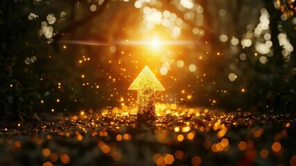 Poster - Glowing Golden Arrow Points Upward in Magical Forest, Surrounded by Sparkling Lights, Inspiring Hope and Natures Enchantment.