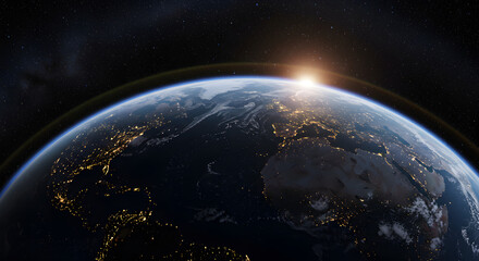 Poster - Earth from Space at Night with City Lights and Sunrise Revealing the Blue Planet with Stars in the Background