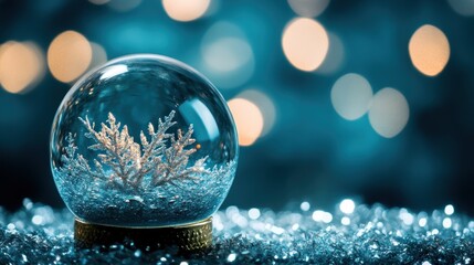 Poster - captivating christmas magic encapsulated within a snow globe showcasing delicate frost-kissed winter wonderland scene on a dreamy and blurred background with light bokeh