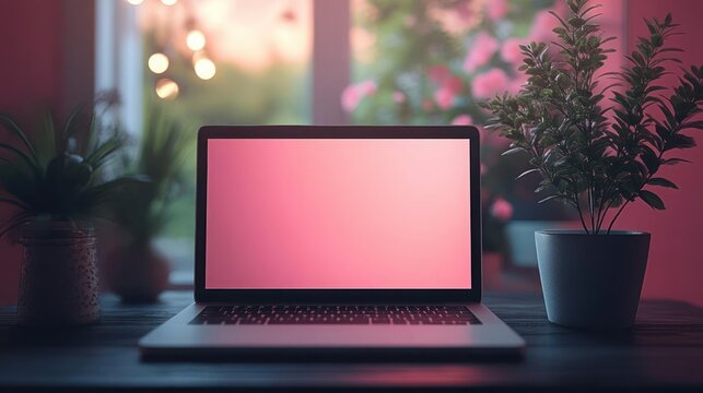 Laptop on a wooden desk with plants and a window view