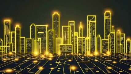 Poster - futuristic city skyline illuminated yellow lights showcase modern architecture and digital innovatio