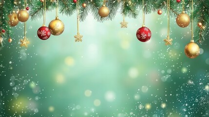 Poster - festive christmas background with golden and red baubles hanging from a pine branch adorned with sparkling snowflakes against a serene light green backdrop