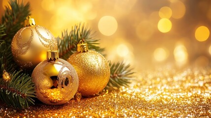 Poster - festive golden christmas ornaments nestled among pine branches with a bokeh background conveying warmth and elegance for holiday celebrations and winter season greetings