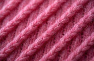 Poster - Close-up view of pink knitted wool fabric texture background. Hand-knitted needlework pattern with smooth symmetrical lines. Cosy woolen textile ideal for crafts, warm clothing, winter design