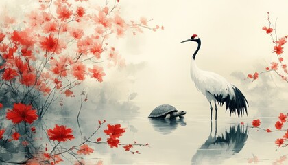 Naklejka na meble Crane and Turtle, Longevity and New Year Symbols in Japanese Culture