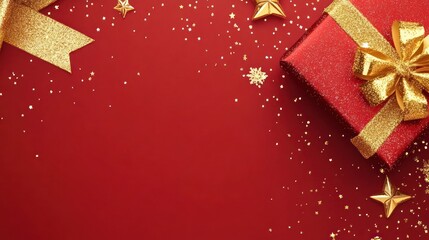 Poster - festive crimson backdrop adorned with shimmering gold accents evoking the joy of christmas celebrations and highlighting an elegant gift box with golden bow