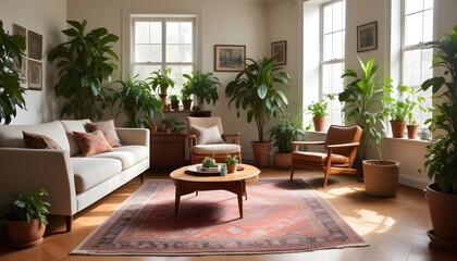 Aufkleber - Peaceful living room with indoor plants, patterned rug, vintage furniture, ambient sunlight
