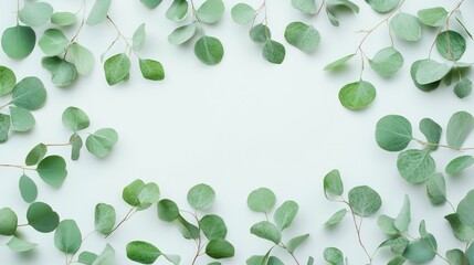 Poster - delicate arrangement of green eucalyptus leaves and branches framing a blank white space creating a serene and natural background perfect for overlaying text or designs