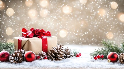 Poster - festive christmas still life featuring a beautifully wrapped gift box with a red ribbon amid pine cones ornaments and delicate snowflakes creating a magical atmosphere