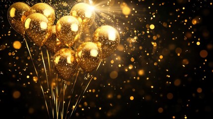 Poster - a dazzling display of festive gold balloons cascading through a shower of shimmering confetti against a backdrop of illuminated bokeh lights evoking celebration