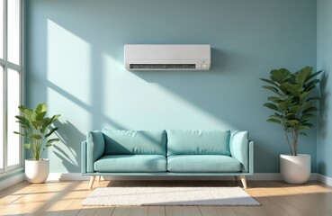 Poster - Modern living room interior, air conditioner on wall. Room large windows, indoor plants, sofa. Empty room, nobody. Sunlight on wooden floor, home decor, design. Blue walls, light, comfortable