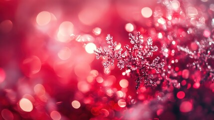 Poster - a shimmering spectacle of winter wonder featuring a delicate sparkling snowflake against a backdrop of ruby red bokeh lights creating an ethereal and festive ambiance