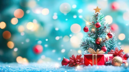 Poster - festive christmas miniature tree with radiant ornaments and a present on a shimmering blue backdrop evoking the spirit of the holidays and festive cheer spreading joy