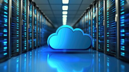 Poster - Glossy blue cloud icon in a data server corridor symbolizes cloud computing, ideal for IT infrastructure, digital storage, and enterprise technology solutions