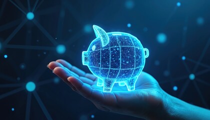 Poster - Hand holding glowing digital piggy bank. Concept of finance, investment, savings, banking, future tech. Innovative tech, modern economy. Illustration represents financial growth, secure digital