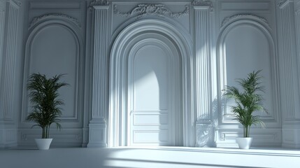 Poster - a pristine white room featuring ornate architectural details an arched doorway flanked by classical columns and symmetrical potted plants creating a sense of serene elegance