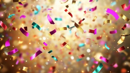 Poster - an enchanting shower of vibrant confetti and sparkling lights against a soft golden backdrop creates a magical and festive atmosphere perfect for celebrations