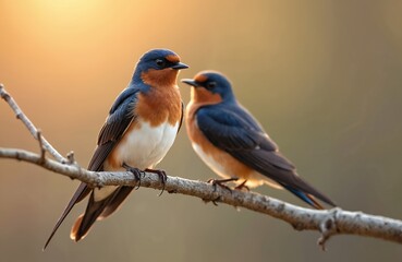 two barn swallows perch on a thin tree branch at dawn. birds with blue, orange plumage, sit together