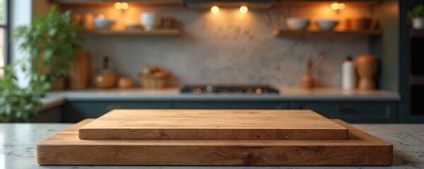 Aufkleber - Wooden kitchen podium against blurred kitchen background. Empty wood platform counter for food product display. Marble tabletop, rustic interior, modern home design. Culinary, food advertising,
