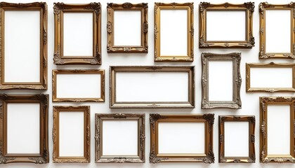 Aufkleber - Ornate golden and silver picture frames pattern isolated on white. Antique art decor with vintage, retro design. Empty space for art, painting, gallery or masterpiece artwork.