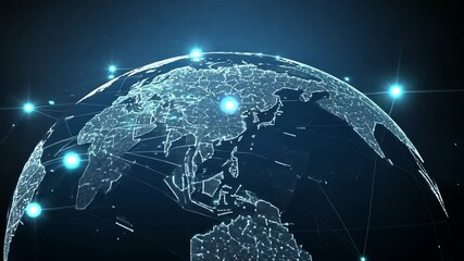 a digital world globe illuminated by connections across continents on a dark background