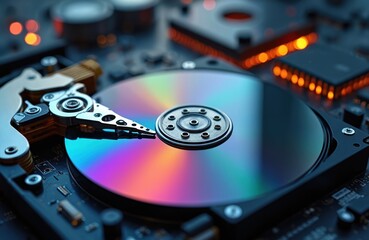 Poster - Close-up of a hard disk drive. Data storage tech, digital data backup. HDD repair, recovery, maintenance. Information technology concept. Server, data center, computer hardware component.