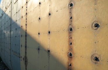 Poster - Close-up photo painted metal wall with rivets. Metallic texture. Grunge background. Industrial rusty design, old surface. Construction plate, abstract pattern. Geometric structure, weathered sheet.