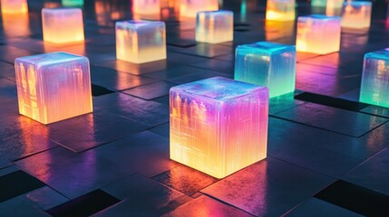 Poster - Glowing futuristic cubes illuminating a dark, reflective surface beautifully