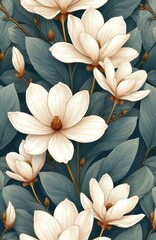 Poster - Seamless pattern with magnolia flowers. Creamy white petals, teal leaves. Botanical design for textiles, wallpaper, print. Floral background. Decorative element for various design projects.