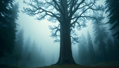 Wall Mural - large tree in the middle of a foggy forest