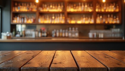Poster - Wooden bar counter with blurred background of bottles. Advertising space product placement. Empty table top for restaurant cafe pub concept design decor. Blank surface for drinks display.
