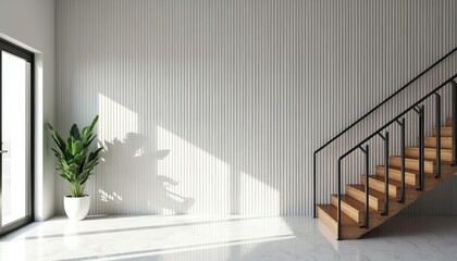 Aufkleber - 3D rendering of modern bright interior. Living room mockup with stairs, white walls, marble floor, large windows, plants. Minimal design. Contemporary stylish home decor. Interior design.