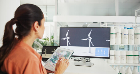 Poster - Screen, engineer and woman with tablet, office and plan for windmill design, online and renewable energy. Business, designer and person with tech for wind turbine, economic benefits and eco friendly