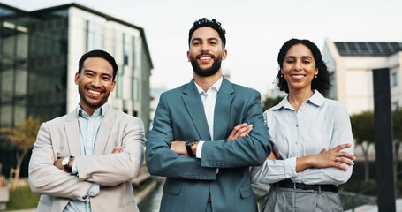 Aufkleber - Business people, portrait and confidence with team in city for corporate real estate or agency. Group, employees or realtors with smile or arms crossed for building development or property management
