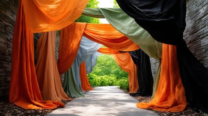Poster - Walkway adorned with orange and black curtains artistically arranged to create a stunning visual experience