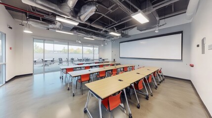 Poster - Airy coworking office setup with modern layout, shared tables, and wall copy space for presentations