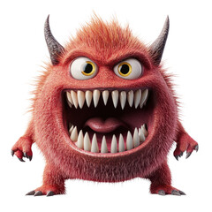 Poster - Bright red furry monster with large teeth exuding a playful yet fearsome charm in a colorful fantasy setting isolated on a white background.