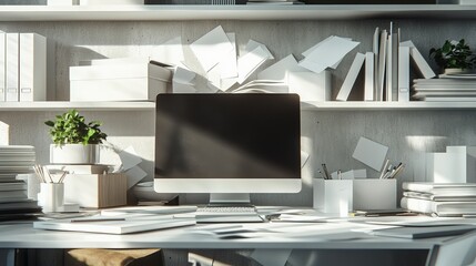 Poster - A close-up of a modern workspace with an empty laptop screen and scattered study materials, ideal for e-learning copy space