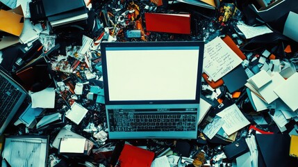 Poster - A close-up of a modern workspace with an empty laptop screen and scattered study materials, ideal for e-learning copy space