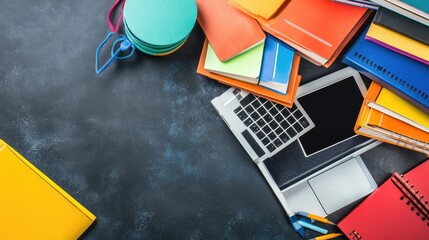 Poster - A close-up of a modern workspace with an empty laptop screen and scattered study materials, ideal for e-learning copy space