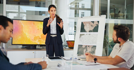 Poster - Business woman, screen or renewable energy with map for presentation on world development at office. Female person, employee or speaker with technology display, ideas or global project at workplace