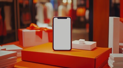 Poster - Blank screen smartphone with visible product items in the background, perfect for e-commerce online storefronts