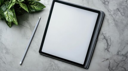 Poster - Blank tablet with stylus beside it, on a clean matte surface, ideal for online creative or design copy